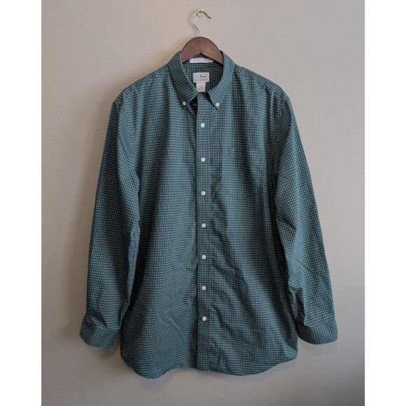 LL Bean Size Large Tall Green Check Shirt Mens Wrinkle Free Traditional Fit LT - Picture 1 of 5